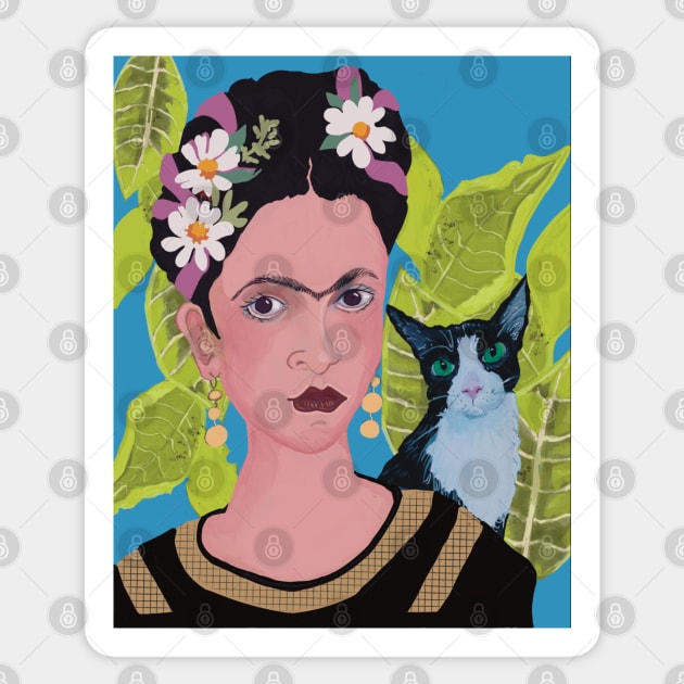 Frida with Tuxedo Cat Sticker by Janpaints